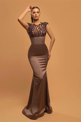 Mermaid Long Prom Dress with Chocolate Brown Cap Sleeves and Beads